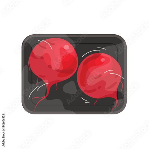 Red beetroot in black plastic tray, top view of styrofoam package with film wrap vector illustration