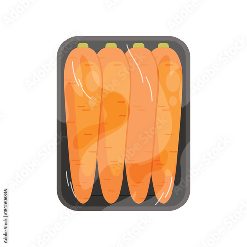 Carrot in black plastic tray, top view of styrofoam package with film wrap vector illustration