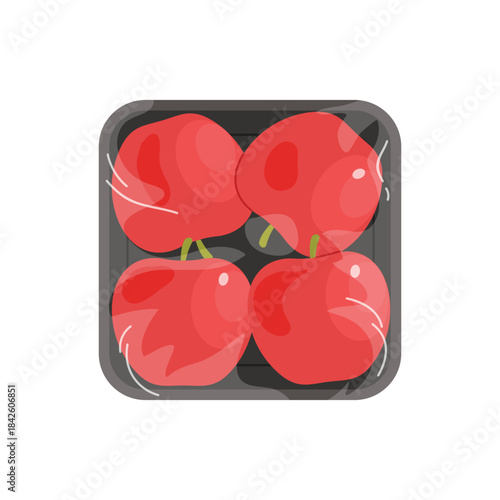 Red apples in black plastic tray, top view of styrofoam package with film wrap vector illustration
