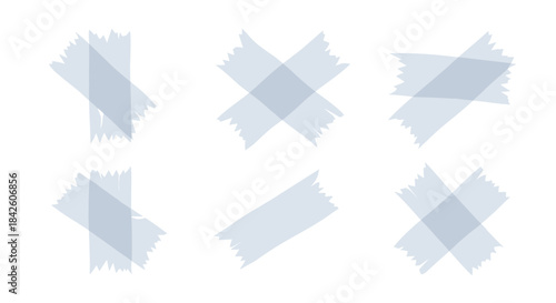 Set of translucent blue adhesive tape strips with torn edges in various shapes, isolated on a white background for design projects.