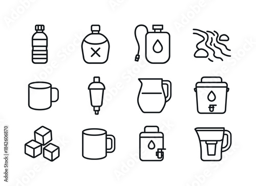 Camping Hydration Icons. Camping water & hydration. Line icon se