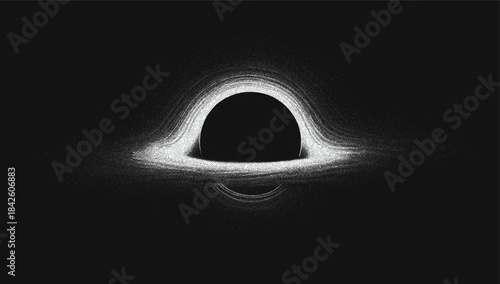 Vector stippling illustration of supermasive black hole with glowing accretion disk. Hand-drawn dotwork style