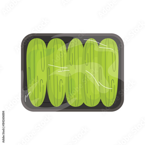 Cucumber in black plastic tray, top view of styrofoam package with film wrap vector illustration
