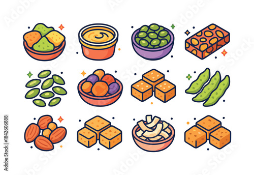 Plant-Based Snack Icons. Plant-based snacks. Colorful isometric