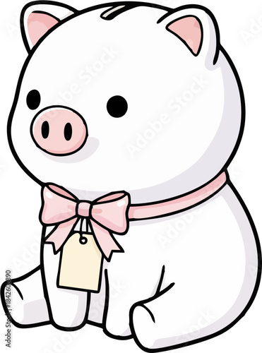 Cute white pig character with pink bow and gift tag, sitting kawaii mascot