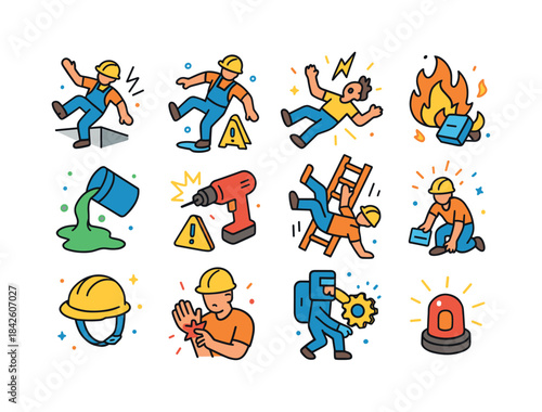 Worksite Accident Icons. Worksite Accidents. Colorful isometric