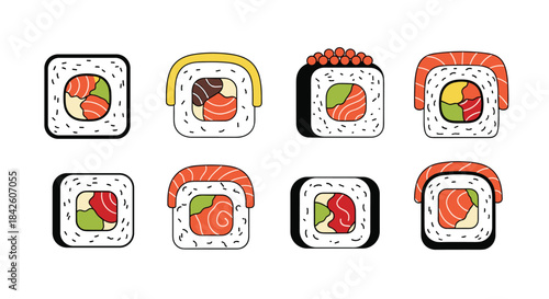 Colorful collection of various Japanese sushi and maki rolls with salmon, avocado, and roe, presented in a flat design cartoon style.