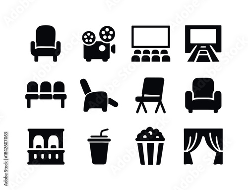 Cinema Icons Set. Cinema environment. Solid icon set of cinema e