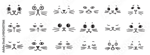 cute funny cat faces doodle hand drawn icon set. Outline drawing cats emotions different mood happy or sad line clipart symbol collection