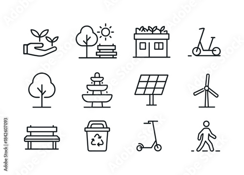 Urban Green Icons. Urban green hubs. Line icon set of Urban gree
