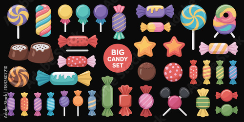 Candy Variety Vector Set Featuring Hard Candies, Dragees, Jelly Beans, and Peppermint Sweets on a Black Background for Confectionery Illustrations and Design Projects