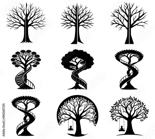 Natural tree silhouette set with detailed branches and trunks