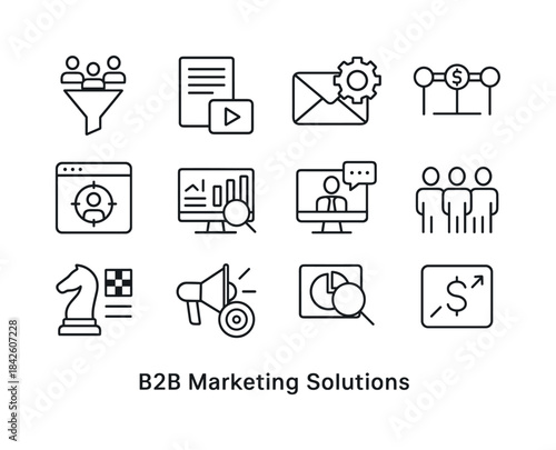 B2B Marketing Icons. B2B Marketing Solutions. Line icon set of B