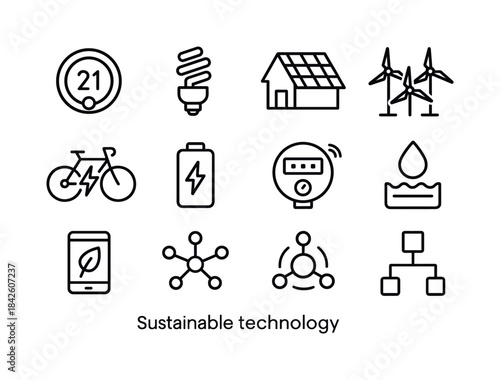 Sustainable Tech Icons. Sustainable technology. Line icon set of