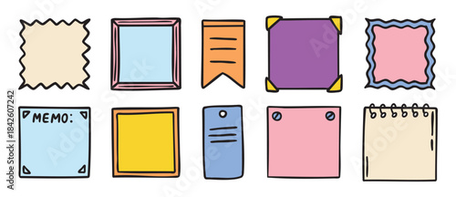 Square and rectangular sticky notes, tear off papers, colorful planner set, hand drawn
