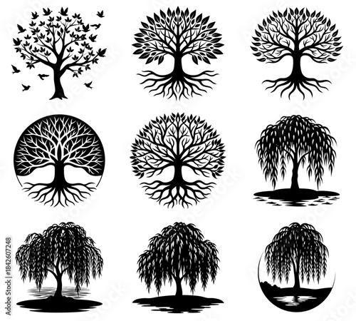 Clean black silhouette set of forest and garden tree varieties