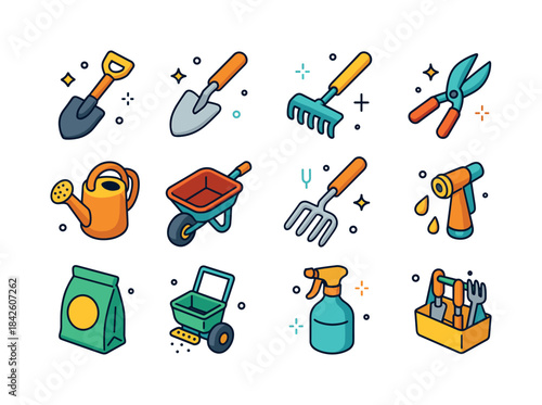 Colorful Garden Tools Icons. Garden Tools. Colorful isometric ve