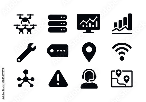 Drone Fleet Icons. Drone fleet management. Solid icon set of dro