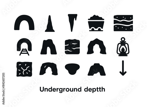 Underground Icons Set. Underground depth. Solid icon set of Unde