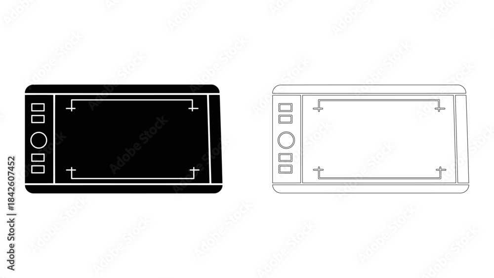 Fototapeta premium Black digital drawing tablet with buttons and a blank screen, isolated on white background, representing graphic design