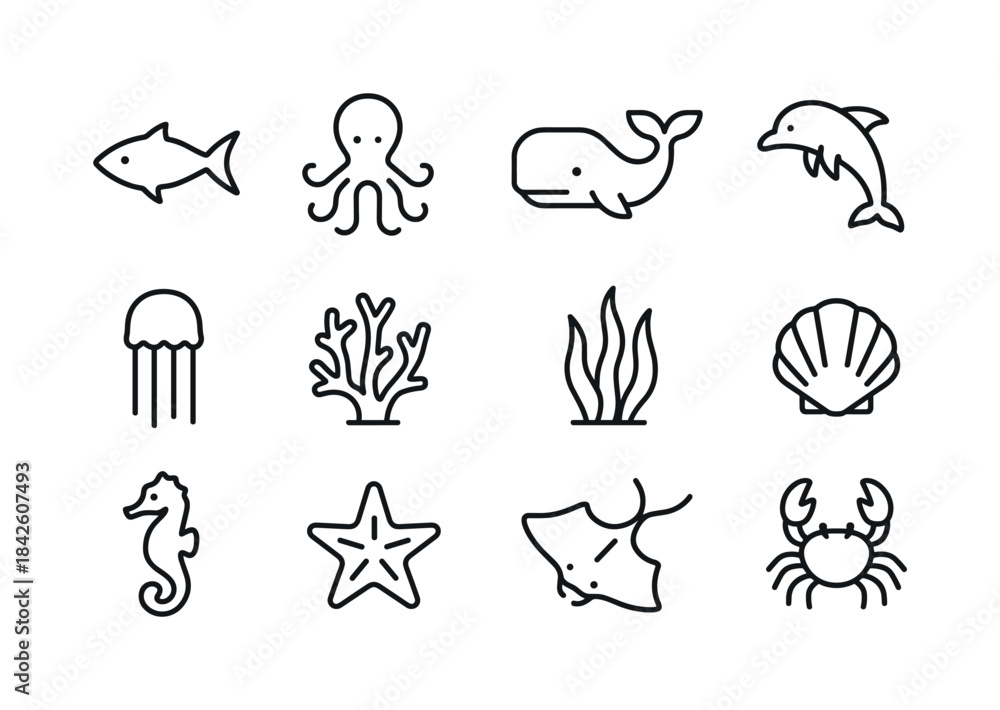 Fototapeta premium Ocean Life Icons. Ocean & Sea Life. Line icon set of Ocean & Sea