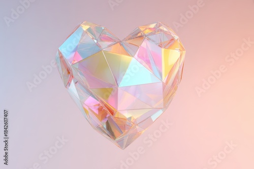 Iridescent Geometric Heart Crystal Against Pastel Gradient Background.