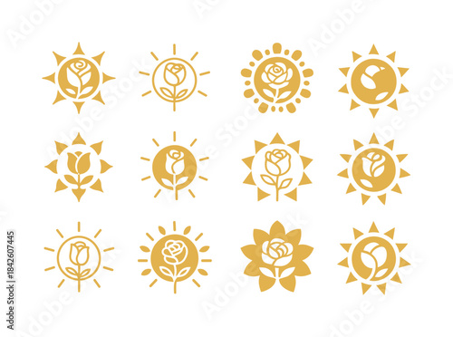 Summer Garden Rose Logos. Summer Garden and May Roses. Icon set.
