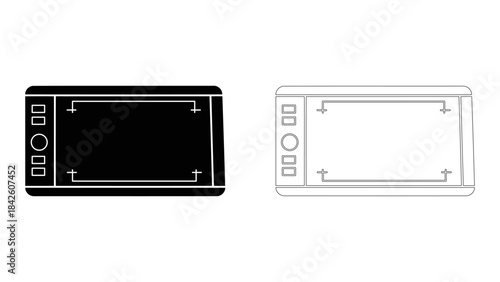 Black digital drawing tablet with buttons and a blank screen, isolated on white background, representing graphic design
