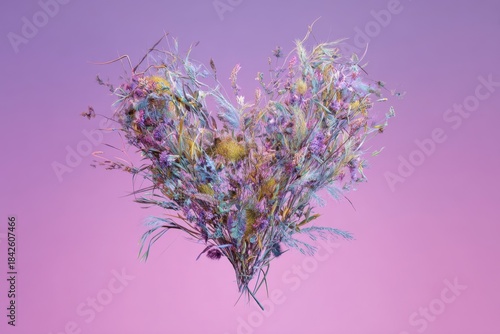 Heart-Shaped Wildflower Bouquet on Pink and Purple Gradient Background.