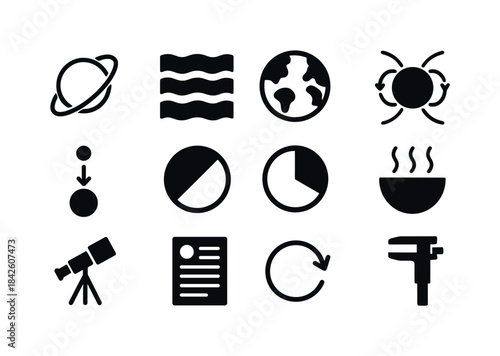 Planetary Science Icons. Planetary science. Solid icon set of Pl