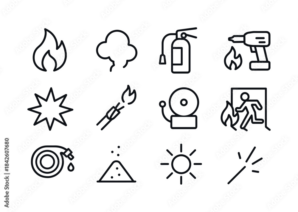 Obraz premium Fire Safety Icons. Fire-Related Worksite Accidents. Line icon se