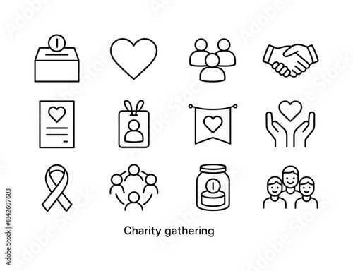 Charity Icon Set. Charity gathering. Line icon set of Charity ga