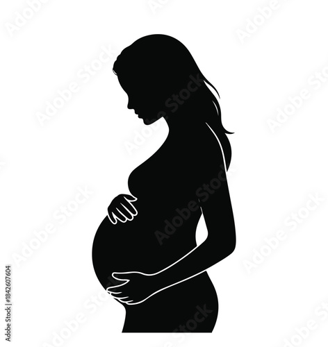 Black silhouette of pregnant woman holding her belly with white outline vector.