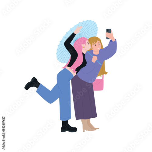 Two happy girlfriends taking selfie together, girl holding blue umbrella vector illustration