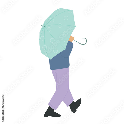 Man with umbrella and warm clothes walking down city street, rear view vector illustration