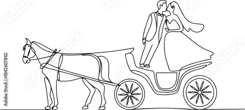 Continuous one line drawing cute wedding couple trying kiss each other. Just married. Happiness bride and groom sitting in carriage pulled by horse.one line vector illustration with out background.