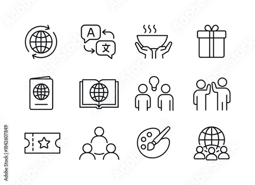 Cultural Exchange Icons. Cultural exchange. Line icon set of Cul