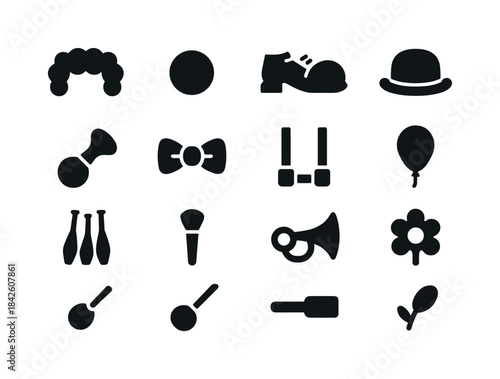 Clown Accessories Icons. Clown accessories. Solid icon set of cl
