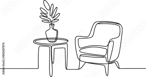 Continuous one line drawing of armchair and table with vase with plant.one line vector illustration with out background.
