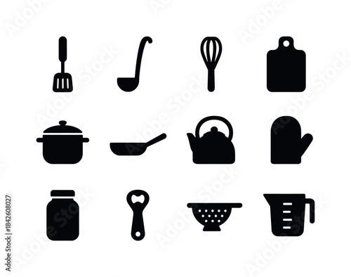 Black Kitchen Icon Set. Kitchen objects. Solid icon set of kitch