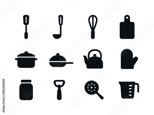 Black Kitchen Icon Set. Kitchen objects. Solid icon set of kitch