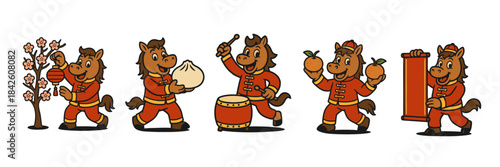 Retro horse mascot celebrating chinese new year with festive poses, traditional costume and holiday symbols