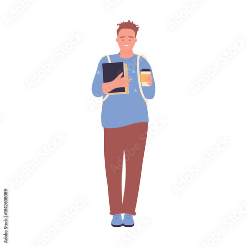 Student holding disposable coffee cup to drink and books vector illustration