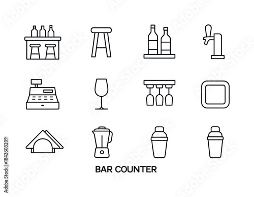 Bar Icon Set. Bar counter. Line icon set of Bar counter: bar sto