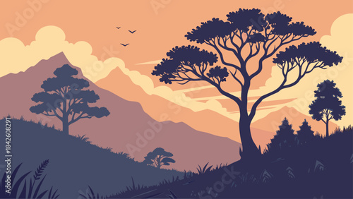 Sunset Nature Landscape Background with Warm Gradient Vector Illustration