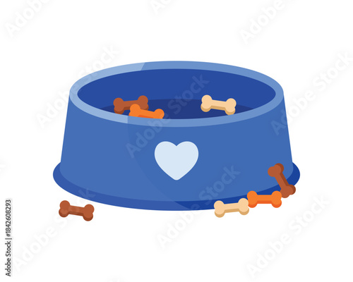 Dry food bones disappear from plastic bowl while dog eating, scattered pieces near plate vector illustration