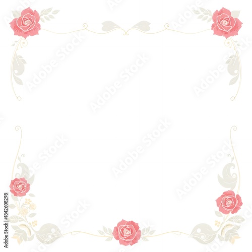 Ornate floral border with pink roses and decorative swirls on a white background