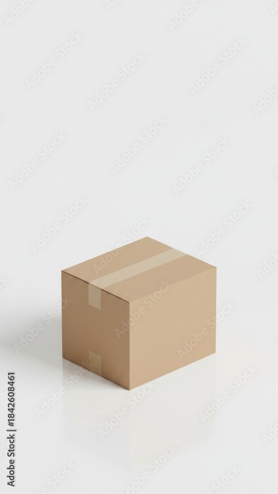 Fototapeta premium Minimalist Cardboard Shipping Box Isolated on White Floor - E-Commerce Delivery Concept in Photorealistic 8K Quality