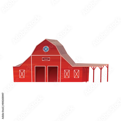 Red barn with wooden plank deck, rustic stables or chicken coop vector illustration