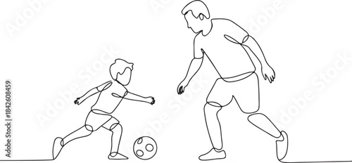 Single one line drawing son playing football with his father. Family time concept.one line vector illustration with out background.